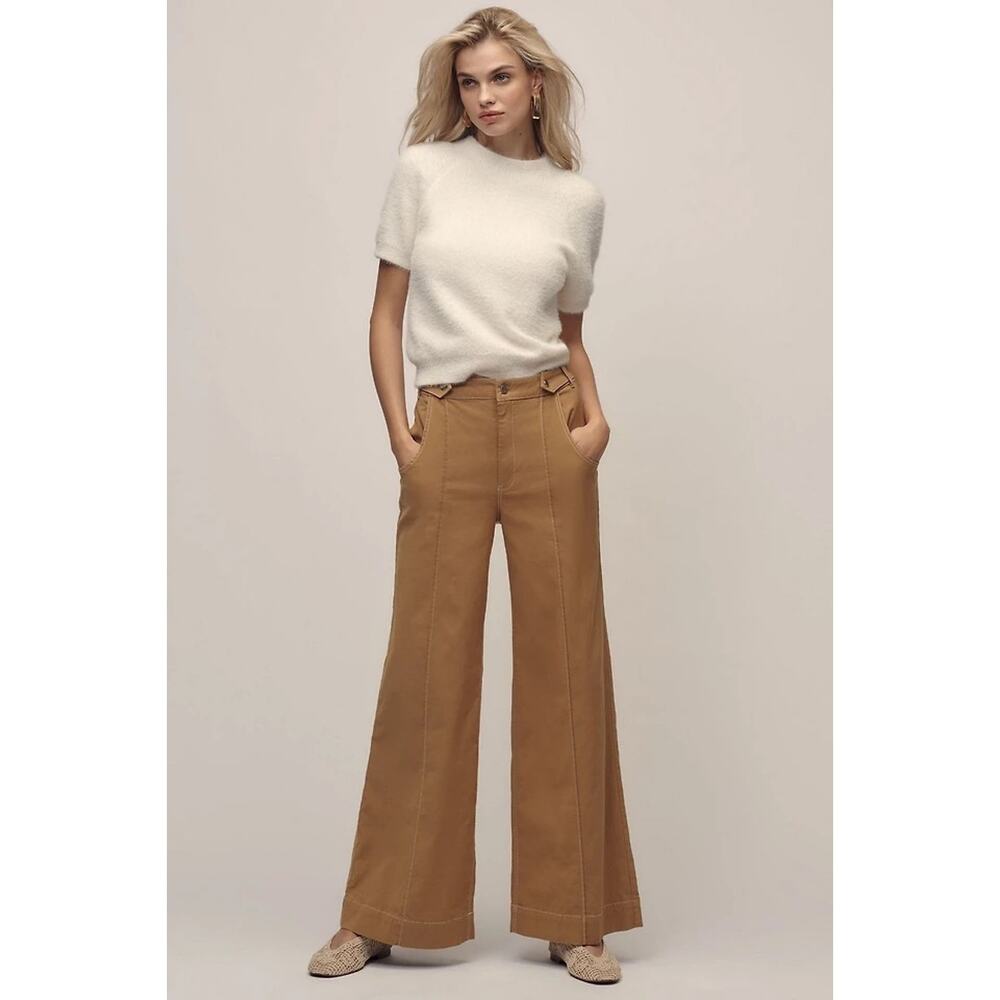 Anthropologie Maeve Linen Cotton Contrast Stitch High-Rise Wide-Leg Pants US 0